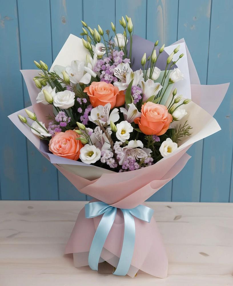 Букет цветов из: Лизиантусы, Розы, Альстромерии и Гипсофила в Выселках