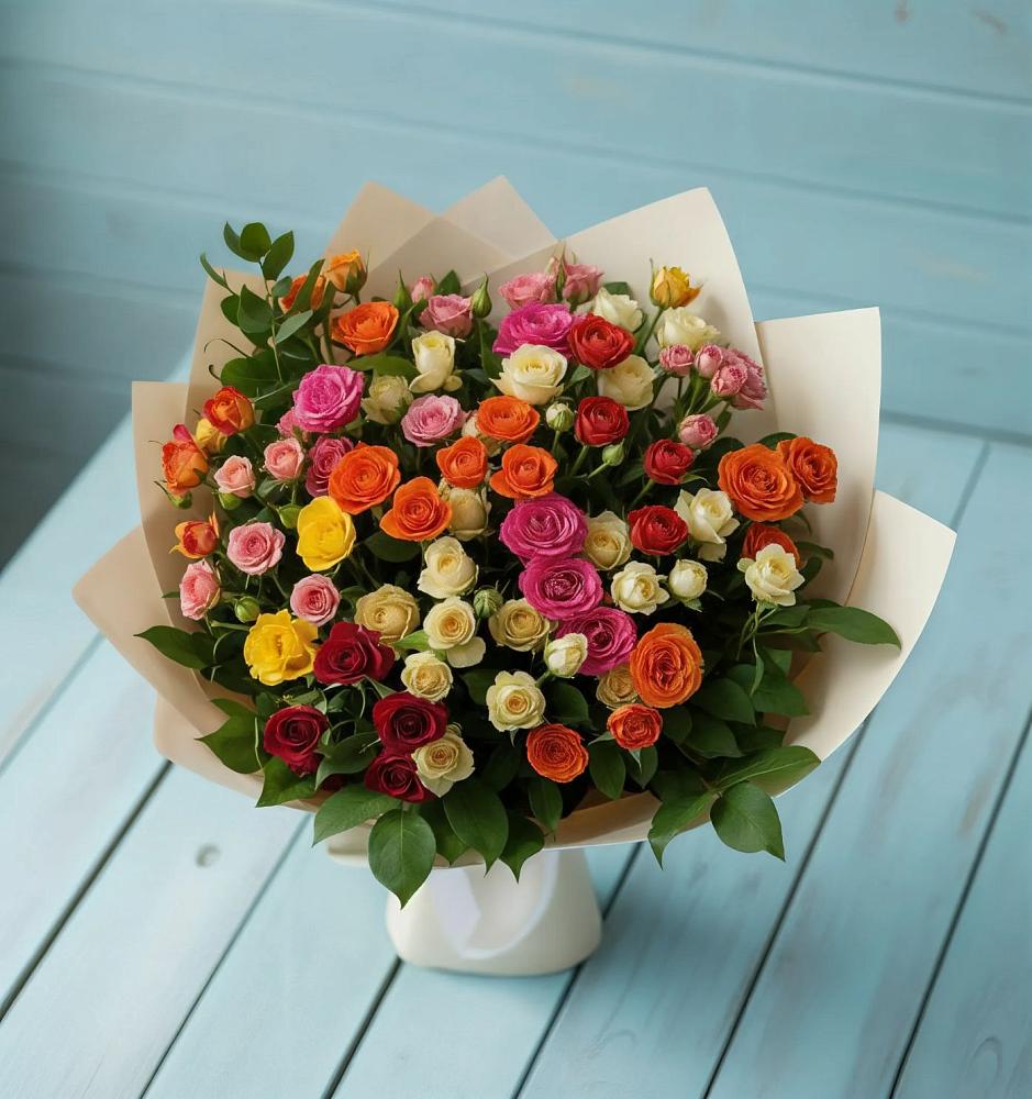 Букет Микс из разноцветных кустовых роз в Выселках