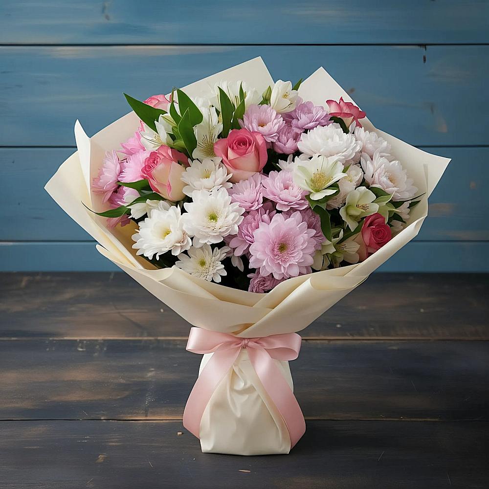 Букет цветов из: Хризантемы, Альстромерии и Розы в Выселках